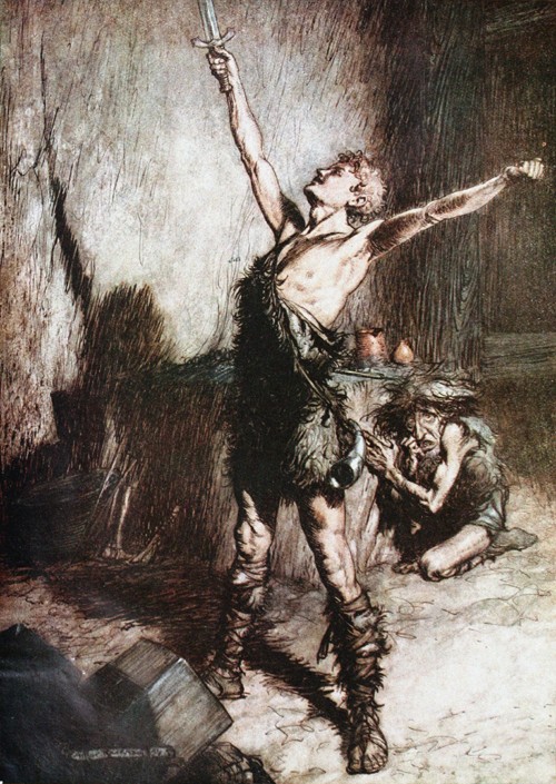 Siegfried forges his sword. Illustration for "Siegfried and The Twilight of the Gods" by Richard Wag van Arthur Rackham