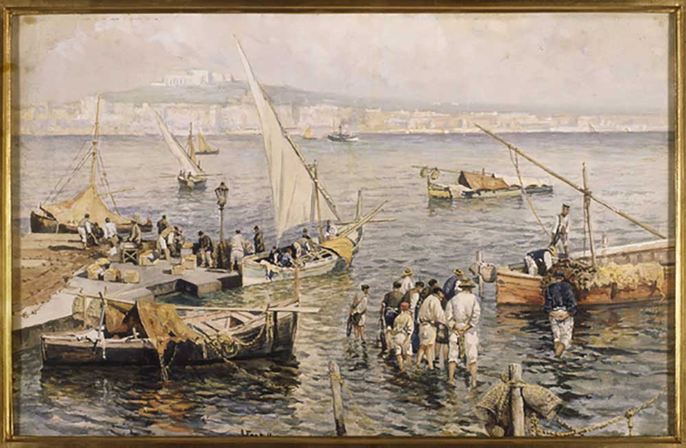 Marina with fishermen (watercolour) van Attillo Pratella