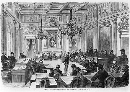 Members of the Commune in session at the Hotel de Ville, Salle des Maires, Paris van Auguste Victor Deroy