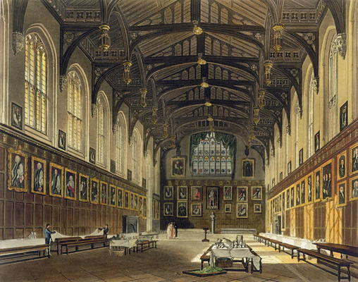 Interior of the Hall of Christ Church, illustration from the 'History of Oxford' engraved by J. Bluc van Augustus Charles Pugin