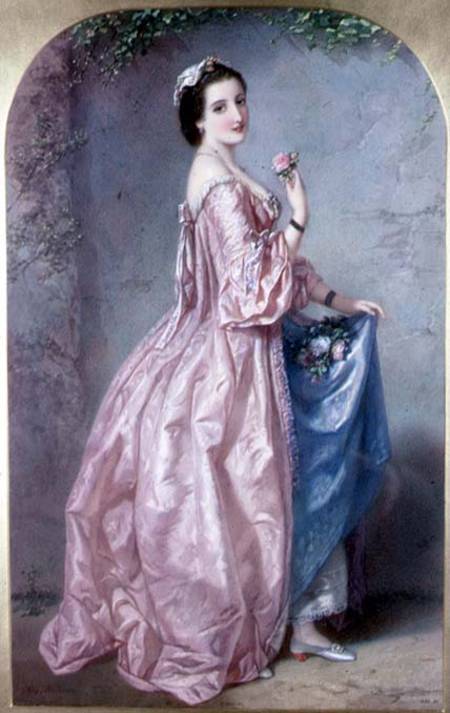 Lady holding Flowers in her Petticoat van Augustus Jules Bouvier