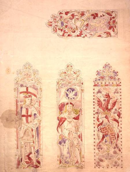 Stained glass window design for the Palace of Westminster (pen & ink and w/c on paper) van Augustus Welby Northmore Pugin