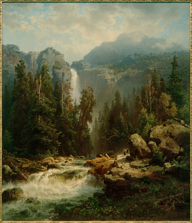 Norwegische Landschaft mit Wasserfall van Augustus Wilhelm Leu