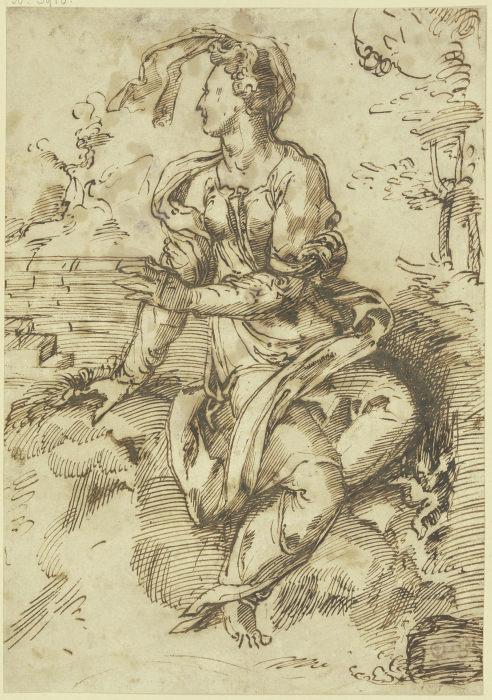 Sitzende Frau mit fliegendem Schleier in einer Landschaft nach links gewandt van Baccio Bandinelli