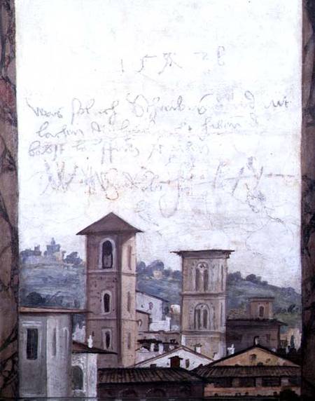 The 'Sala delle Prospettive' (Hall of Perspective) detail depicting a view of Rome van Baldassare Peruzzi