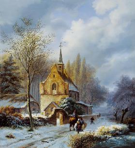 Winterlandschap bij een kerk  Barend Cornelis Koekkoek