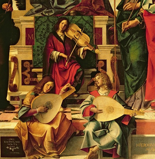 Detail of angel musicians from a painting of the Virgin and Child on a throne between St Andrew, St  van Bartolomeo Montagna