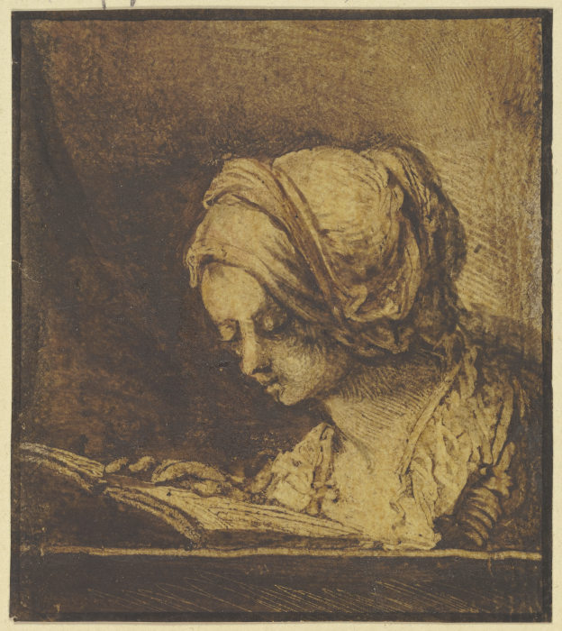 Brustbild eines lesenden Mädchens mit Haube van Benjamin Calau