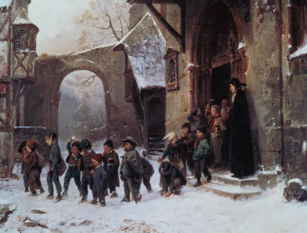 Snow Scene: Children Leaving School van Benjamin Vautier