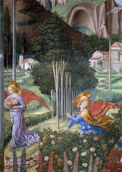 Angel gathering flowers in a heavenly landscape, detail from the Journey of the Magi cycle in the ch van Benozzo Gozzoli