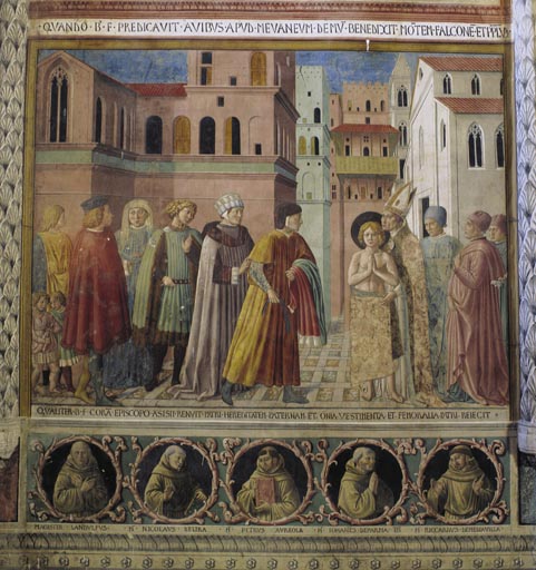 Der Heilige Franz von Assisi sagt sich von seinem Vater los und begibt sich in den Schutz des Bischo van Benozzo Gozzoli
