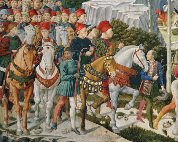 Galeazzo Maria Sforza, Duke of Milan (1444-76), extreme left, on a brown horse and Sigismondo Pandol van Benozzo Gozzoli