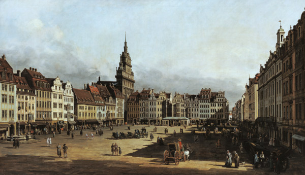 Der Altmarkt in Dresden von der Schlossgasse aus. van Bernardo Bellotto