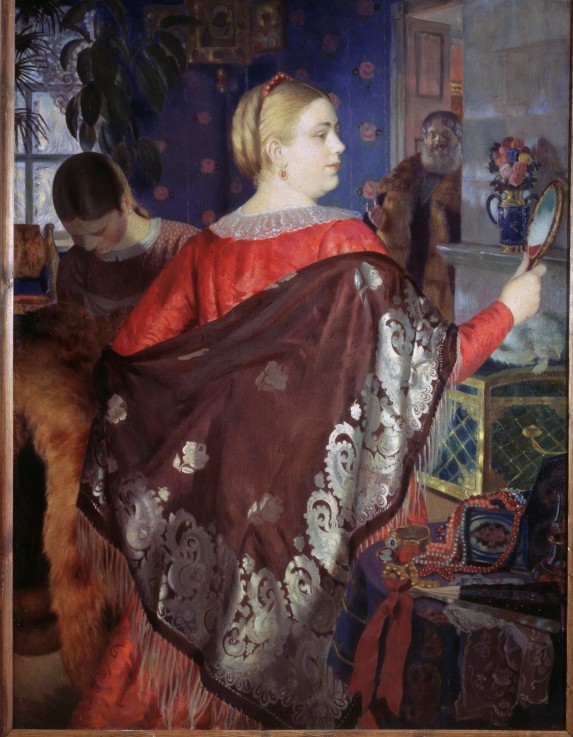 Merchant Wife with a Mirror van Boris Michailowitsch Kustodiew