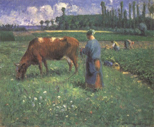 Mädchen mit Kuh auf einer Weide van Camille Pissarro