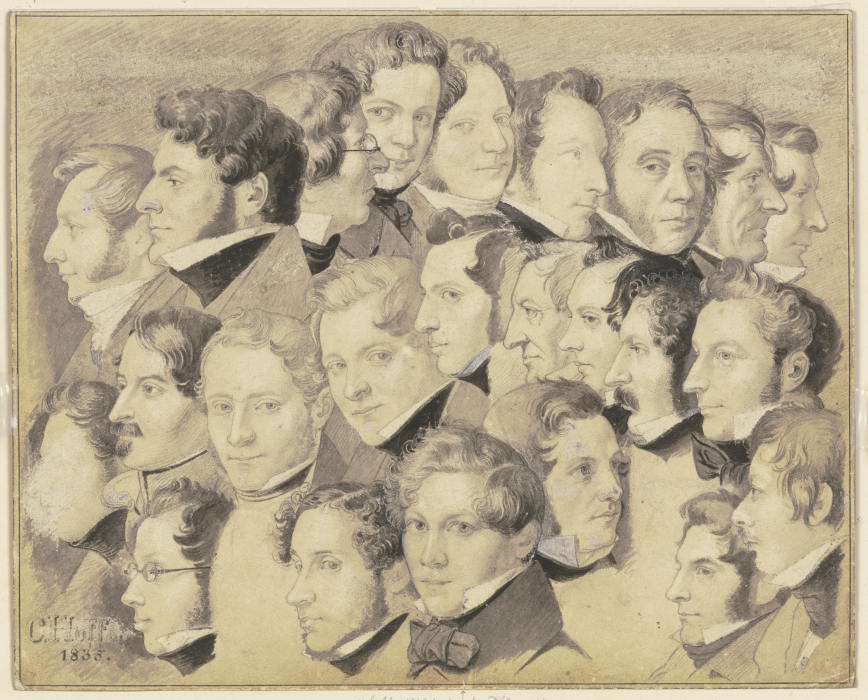 Stammgäste im Goldenen Pfau, 24 Köpfe, unten in der Mitte der Künstler selbst van Carl Hoff