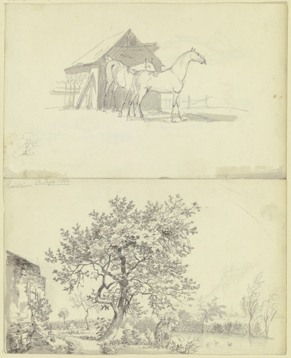 Zwei Pferde vor einem Stall; Garten an einem Wasserlauf bei Rödelheim van Carl Morgenstern