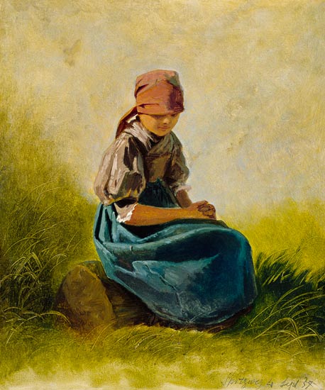 Sitzendes Bauernmädchen mit gefalteten Händen van Carl Spitzweg
