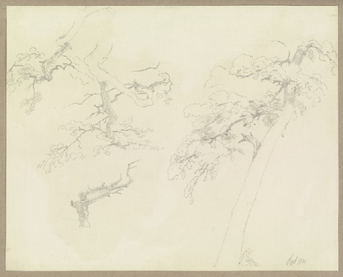 Geäst und ein schiefer Baum, an dessem Fuße eine sitzende Figur van Carl Theodor Reiffenstein