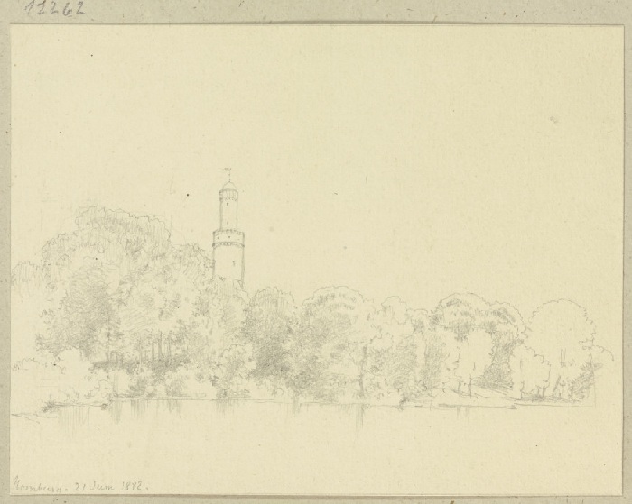 See und weißer Turm im Schlosspark von Homburg van Carl Theodor Reiffenstein