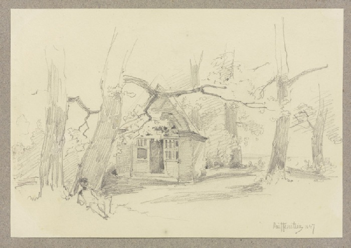 Von Bäumen umstandenes Häuschen van Carl Theodor Reiffenstein