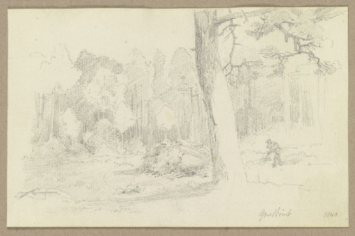 Waldstück mit Holzsammler und Reisighaufen van Carl Theodor Reiffenstein