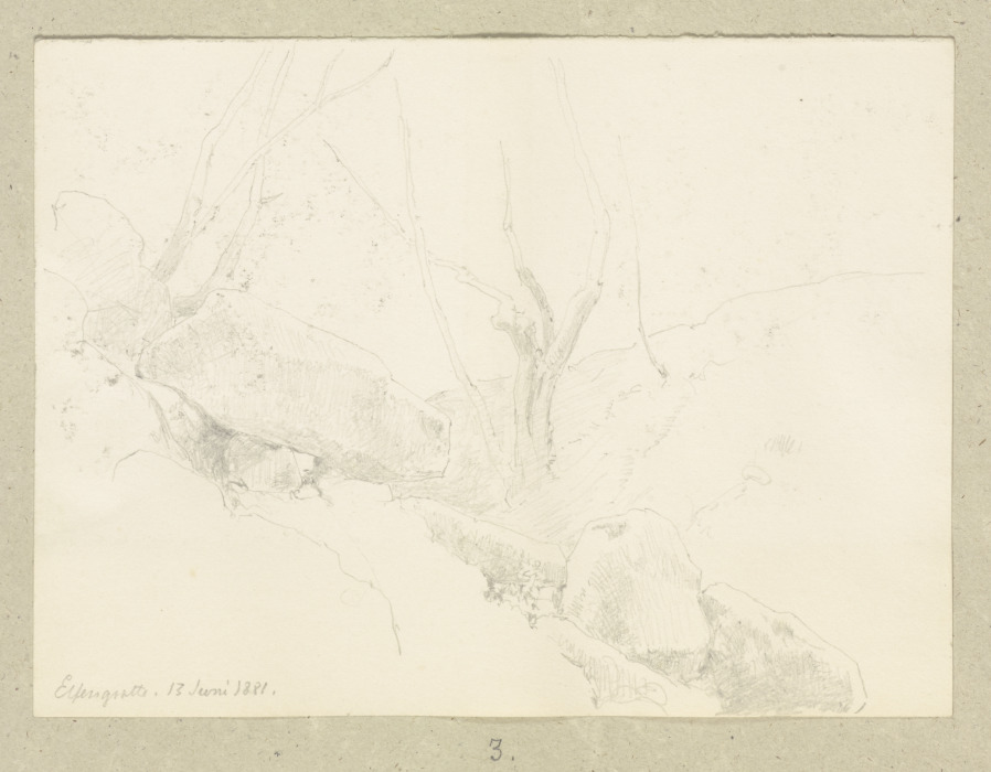 Zwischen Bäumen in einer Senke umherliegende Felsbrocken van Carl Theodor Reiffenstein