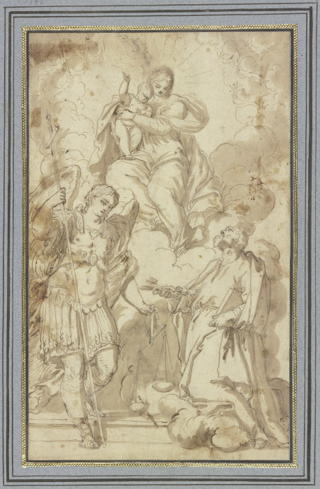 Madonna in Wolken, verehrt vom Erzengel Michael und dem Heiligen Petrus van Carlo Caliari