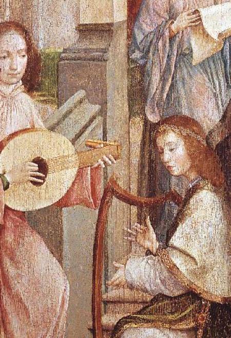 The Annunciation, detail of two Angels Playing Instruments van Carlos
