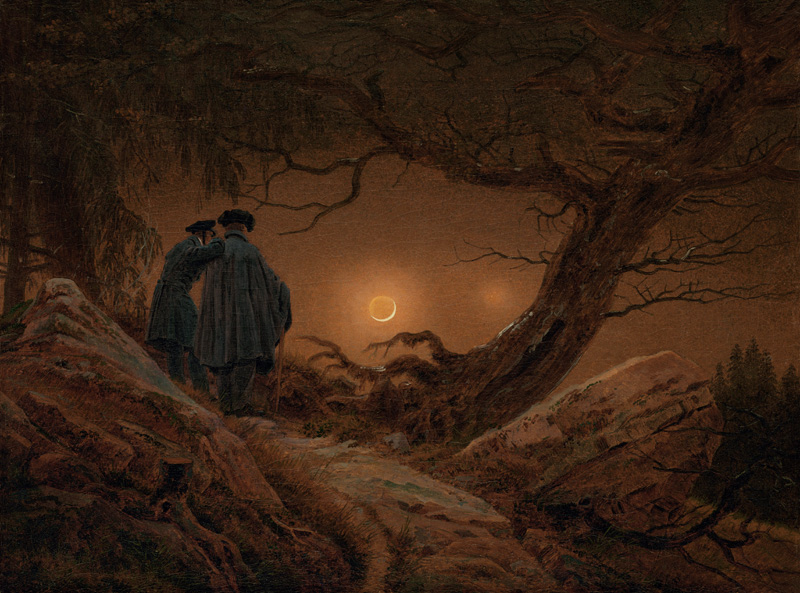 Twee mannen kijken naar de maan van Caspar David Friedrich
