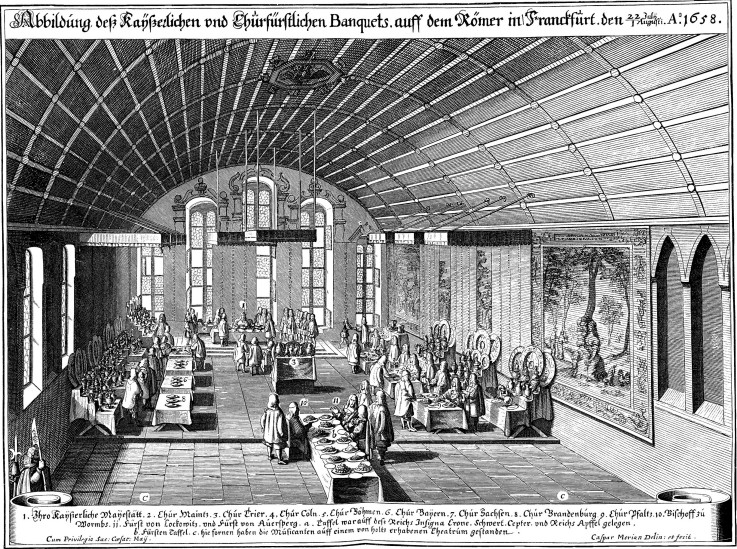Banquet in the Römer in Frankfurt a.M. on August 1, 1658 in celebration of Emperor Leopold I van Caspar Merian