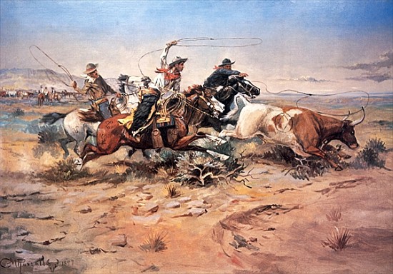 Cowboys roping a steer van Charles Marion Russell