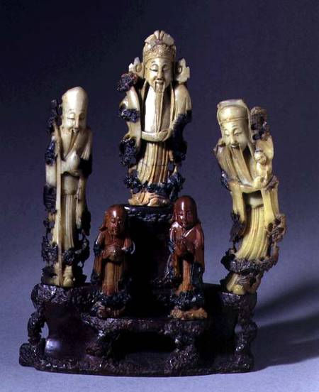Three Star God, one holding a child, with two smaller figures, Qing dynasty van Chinese School