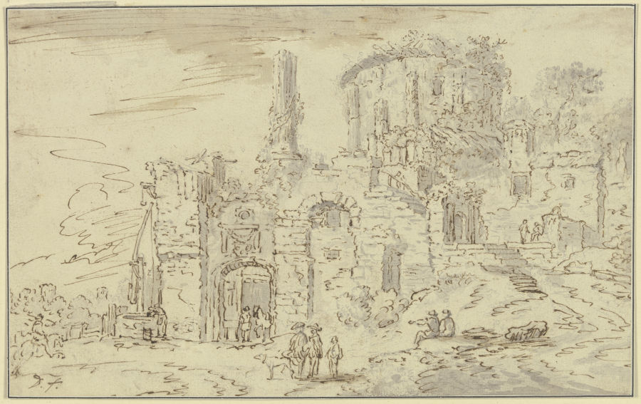 Ruinen von Tempelgebäuden in einer Landschaft van Christian Wilhelm Ernst Dietrich