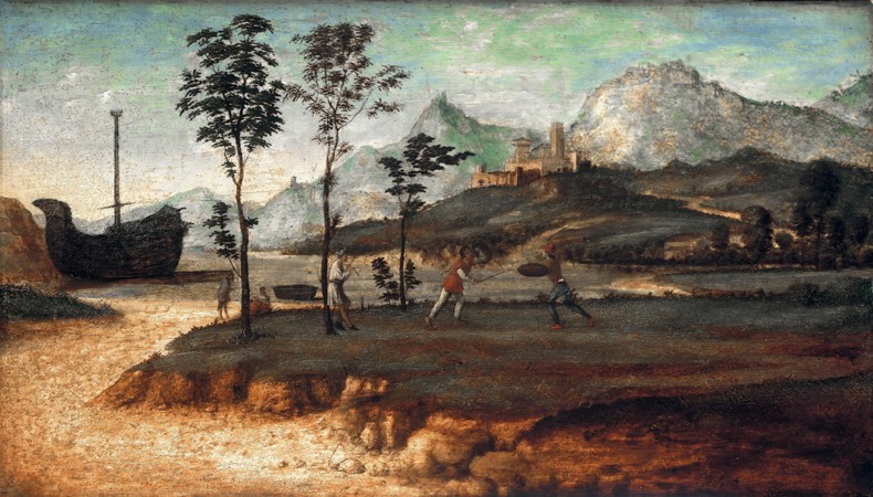 Coastal Landscape with two men fighting van Giovanni Battista Cima da Conegliano
