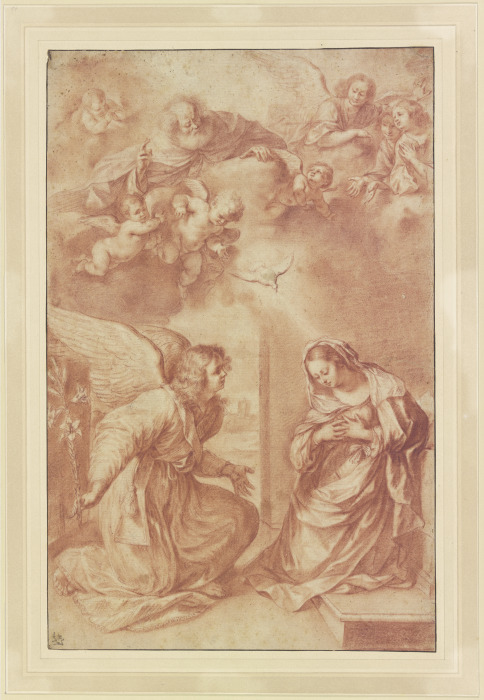 Mariä Verkündigung, oben Gottvater von Engeln umgeben van Ciro Ferri