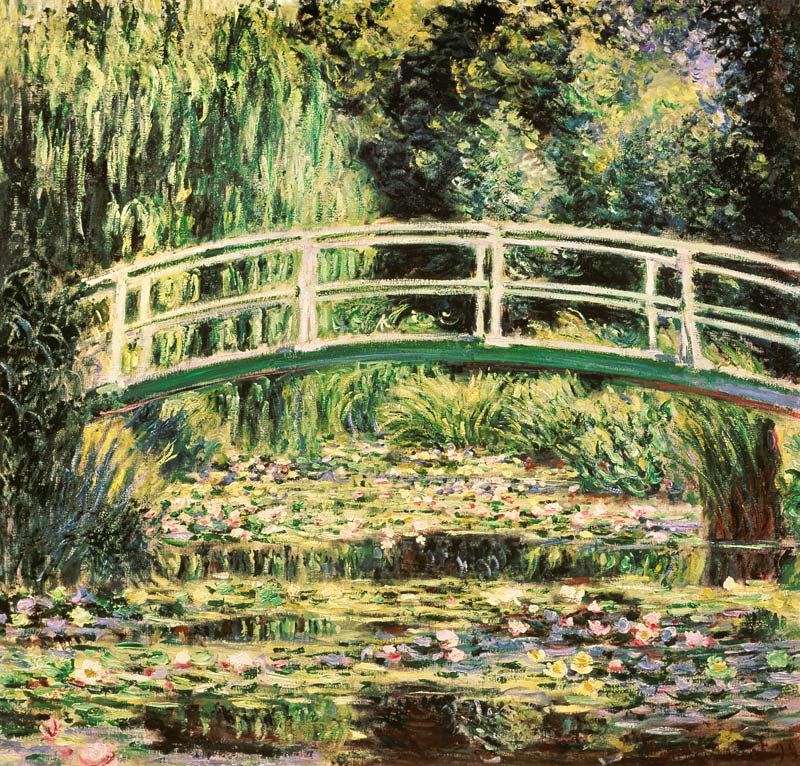 Brug in Monets tuin met witte waterlelies Claude Monet van Claude Monet