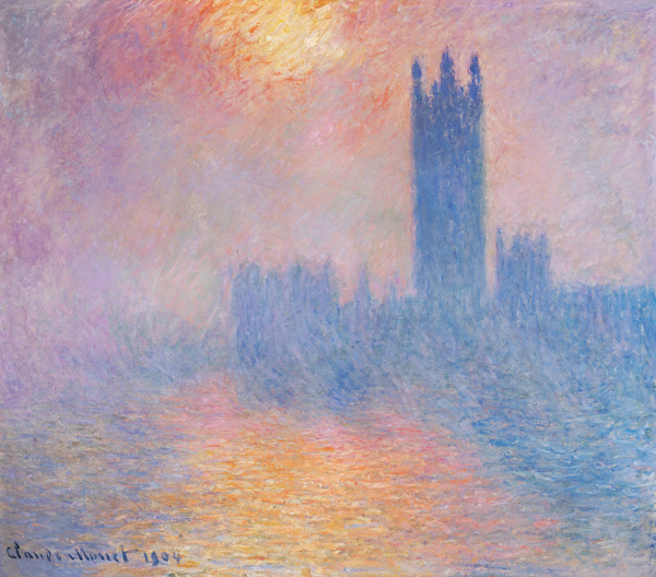 The Houses of Parliament, London. Parlementhuis londen met de zon door de mist van Claude Monet