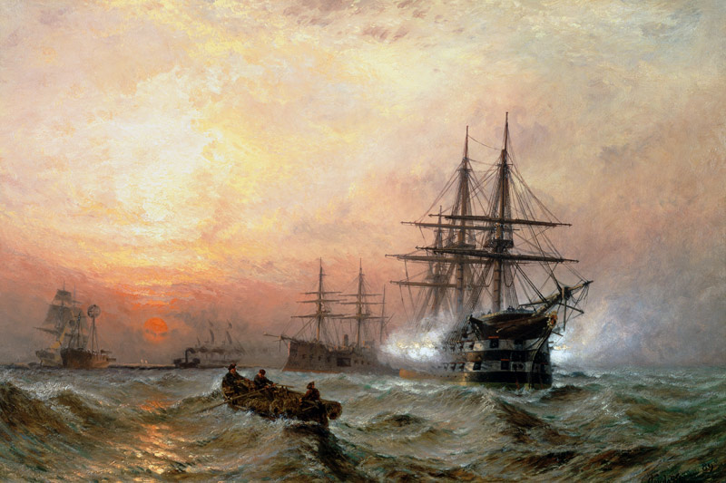 Man-o'-War firing a salute at sunset van Claude T. Stanfield Moore