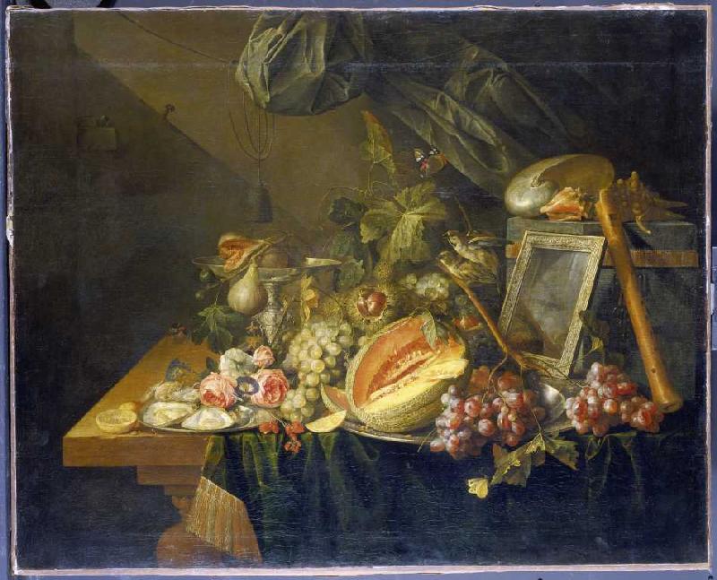 Prunkstilleben mit Blumen, Früchten, Austern, Prunkpokal, Spiegel und Flöte van Cornelis de Heem
