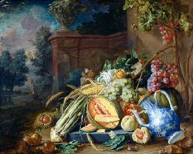 Still Life with Vegetables and Fruit before a Garden Balustrade