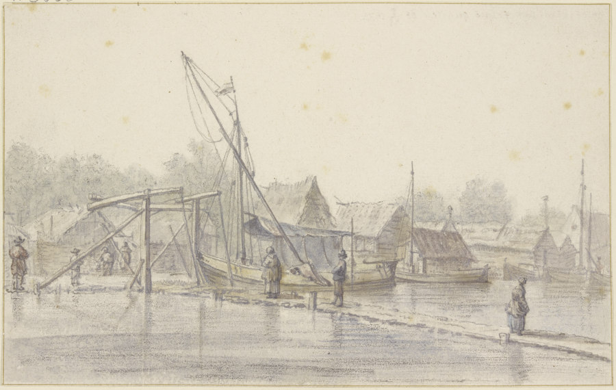 Schleusentor an einem Damm, auf dem Kanal viele Schiffe van Cornelis Saftleven