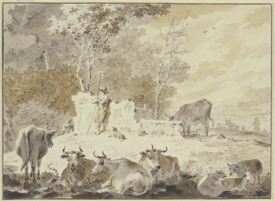 An altem Gemäuer steht links ein Hirte mit seinem Hund, umgeben von verschiedenem Vieh van Cornelis van Noorde