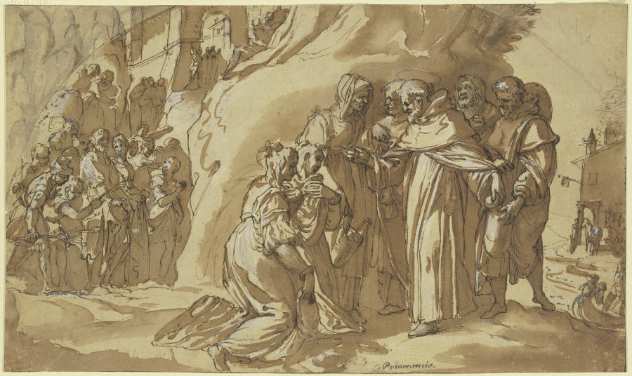 Eine Stadt, auf Felsen liegend, eine Menschenmenge kommt zu einem Mönch, der Brot an zwei Frauen aus van Cristoforo Roncalli