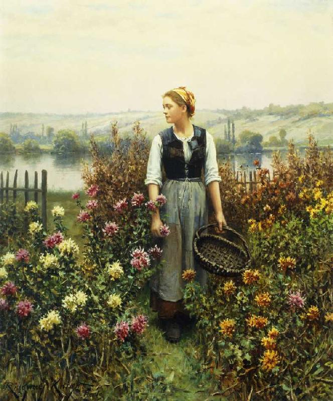 Junge Frau mit Korb in einem Garten. van Daniel Ridgway Knight