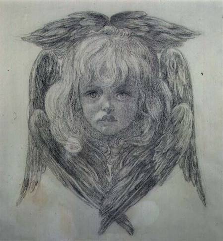 Study for the head of a child angel in 'The Blessed Damozel' van Dante Gabriel Rossetti