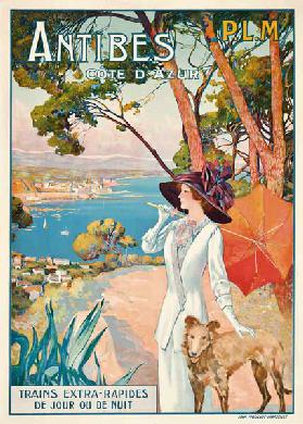 Poster advertising travel to the Antibes, Cote d'Azur, with the French railway c