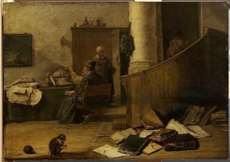 Ein Arzt betrachtet in seinem Studierzimmer ein Uringlas. van David Teniers
