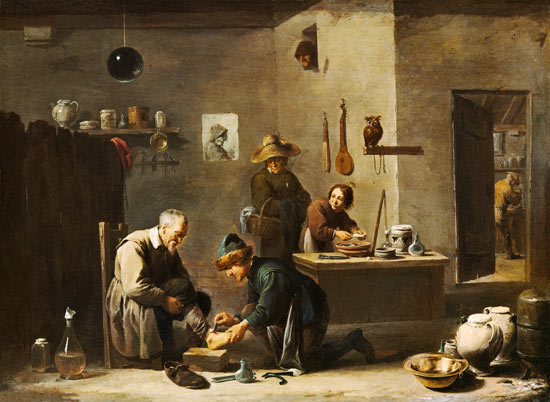 In der Praxis eines Dorfbaders. van David Teniers
