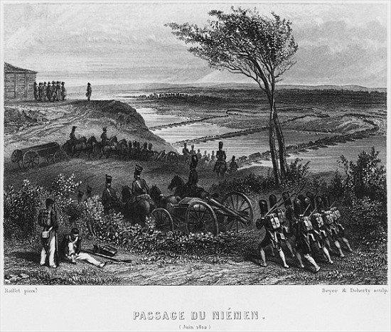 Crossing the River Niemen in June 1812; engraved by Beyer and Doherty van Denis-Auguste-Marie Raffet